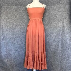 R Vivimos Coral Smocked Tiered Maxi Dress Back Tie Cutout Backless Cottagecore M